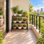 3 step black metal plant stand holding flowering plants on a balcony