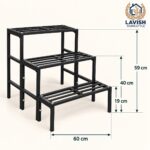 3 step metal plant stand dimensions: 60 cm wide, tiers at 19 cm, 40 cm and 59 cm high