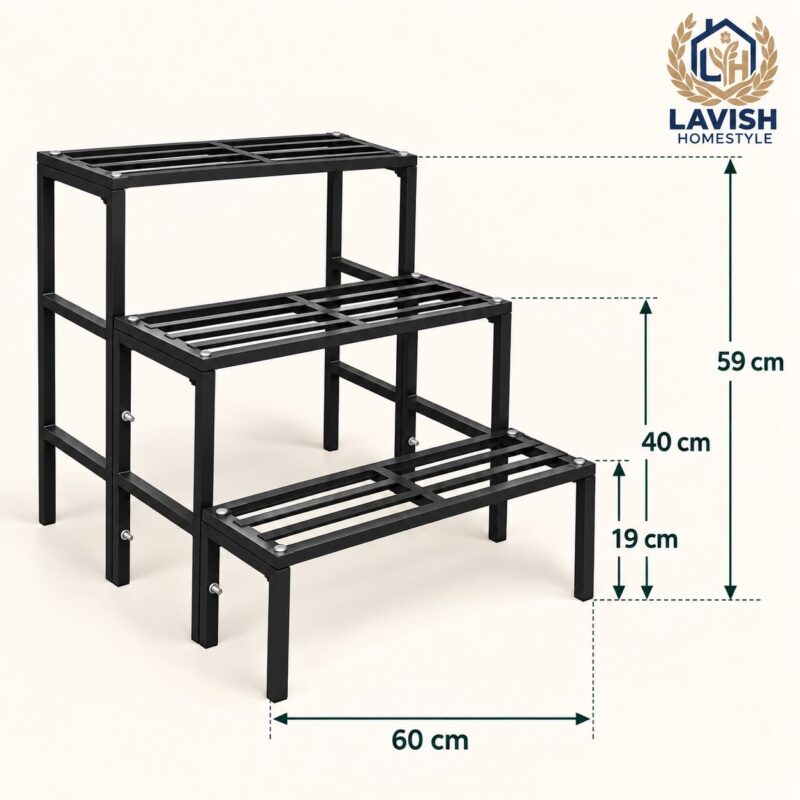 3 step metal plant stand dimensions: 60 cm wide, tiers at 19 cm, 40 cm and 59 cm high